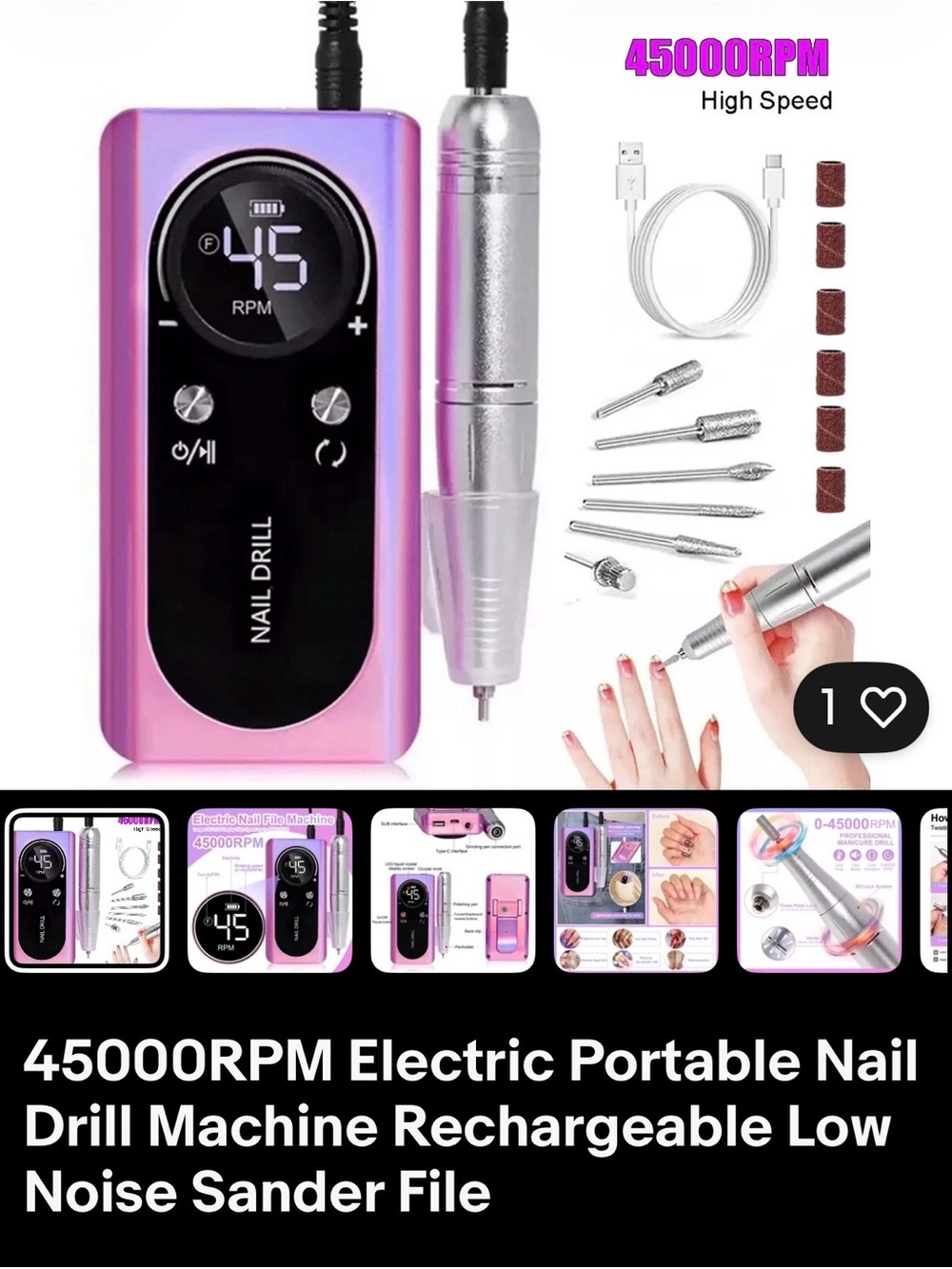 Portable Electric Nail Drill Machine - Pink Purple